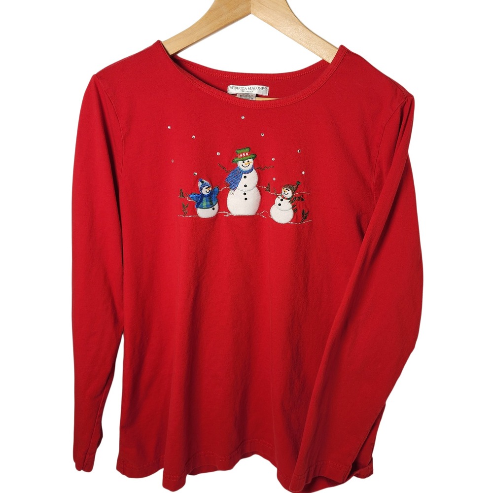 Rebecca Malone Red Snowman Embroidered Long Sleeve Shirt 1X Holiday Christmas